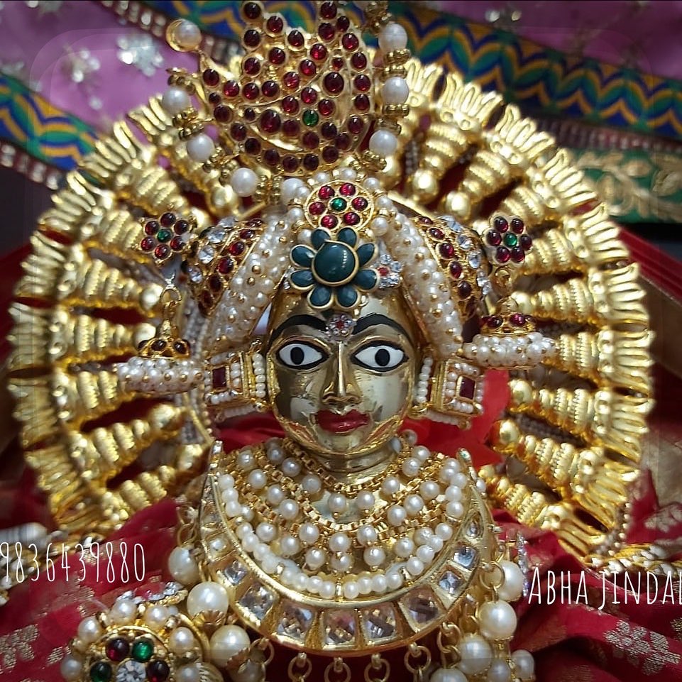 Deity Poshak and Shringar Gallery, a poshak & shringar piece associated in the caption with Radha Krishna, Krishna, shown in a 11-image Instagram carousel. Image 8 of 11.