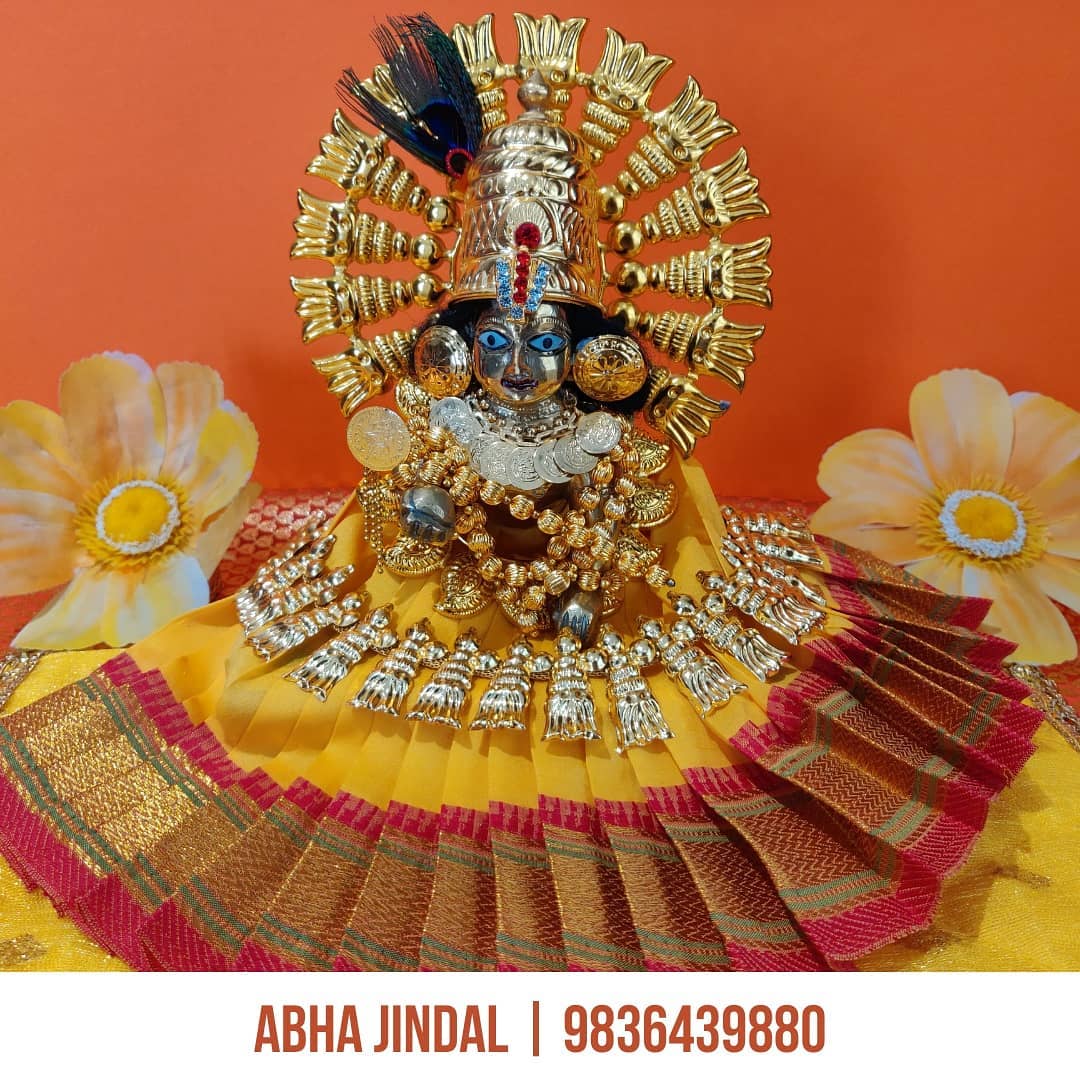 Classical South Indian Kanha Ensemble, a poshak & shringar piece associated in the caption with Krishna, shown in a 3-image Instagram carousel. Image 3 of 3.