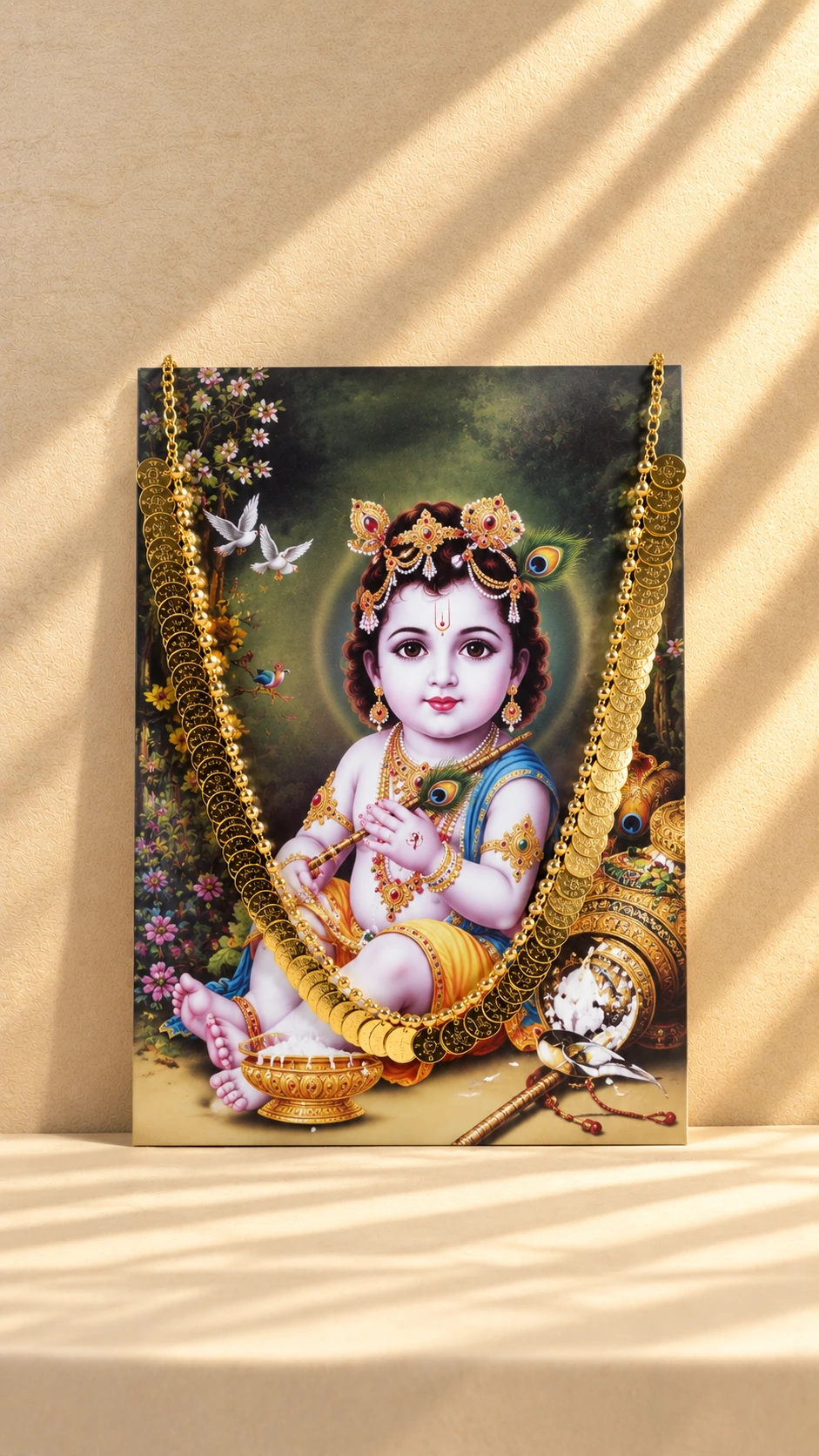 Gold-tone coin photo mala with overlapping round accents, displayed around a Krishna Ji devotional image.