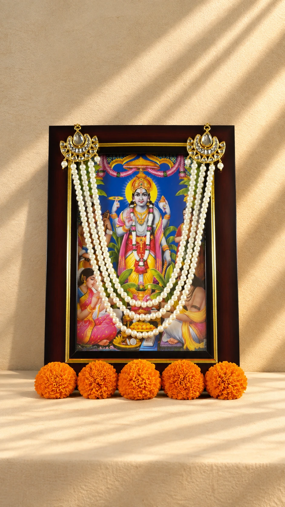 Ivory-coloured bead photo mala with crescent-shaped side accents, draped around a framed devotional image.