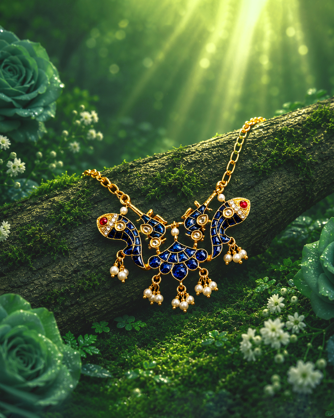 Gold-tone Kamal Matsya neck ornament with deep blue fish and lotus motifs and hanging accents, suspended from a chain against greenery