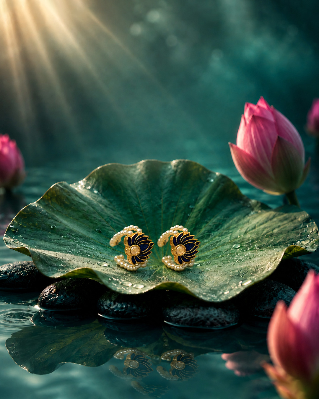Pair of blue lotus-motif shringar ornaments with gold-tone details and pale bead-like loops, displayed on a lotus leaf
