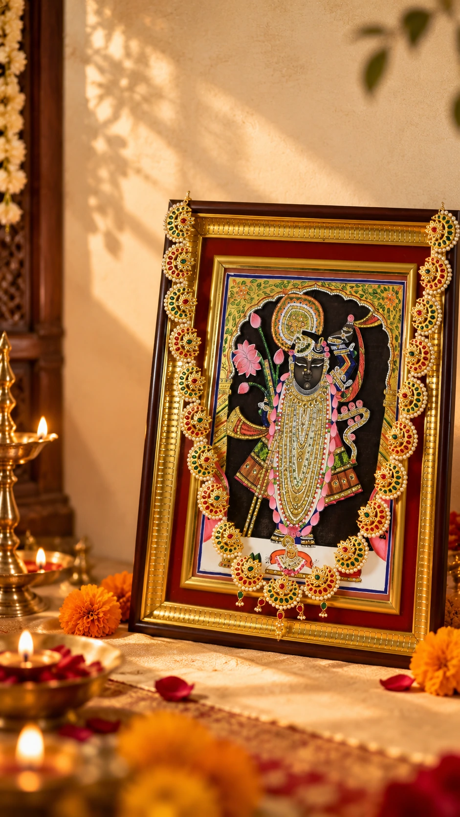 Alternate view of the red and green fan motif photo mala around a framed Shrinathji image beside a lit lamp.