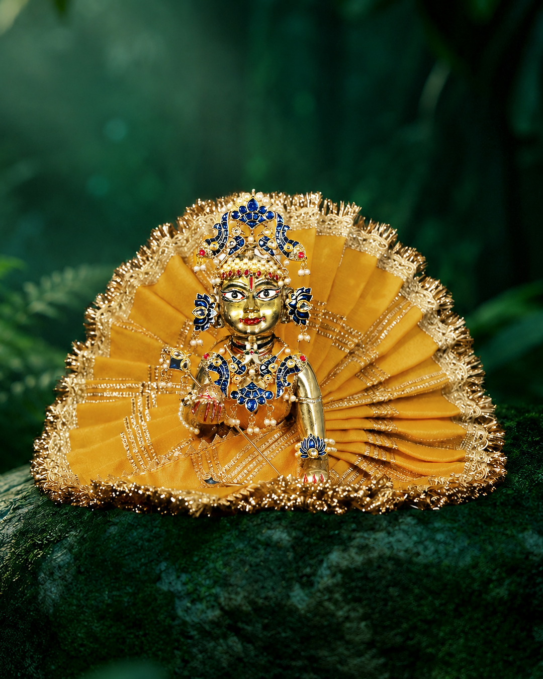 Laddu Gopal in fan-shaped yellow poshak with a blue and gold-tone mukut and coordinated adornments against a deep green background