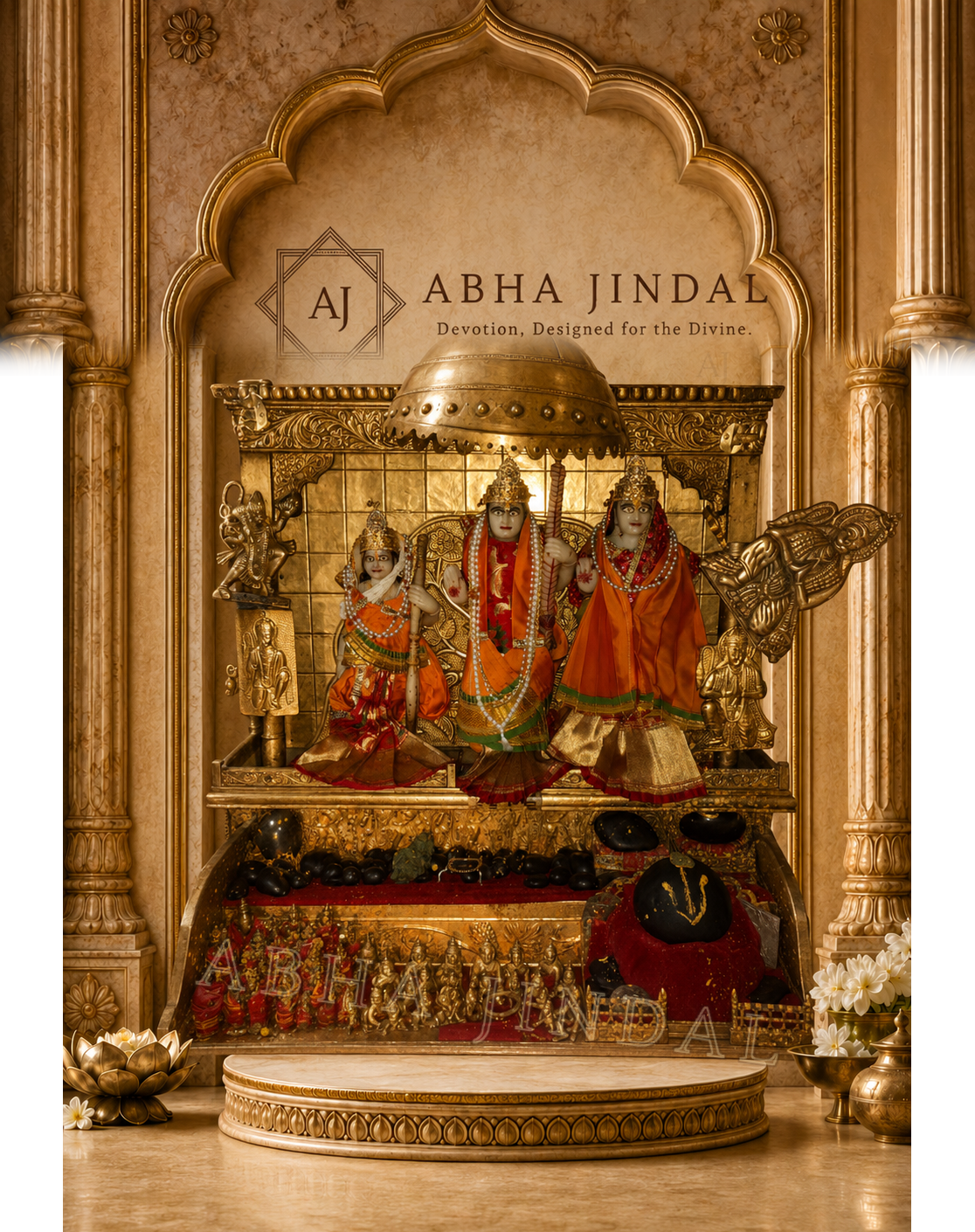Ram Darbar figures within an antique gold-tone tiered shrine with red and deep-brown details