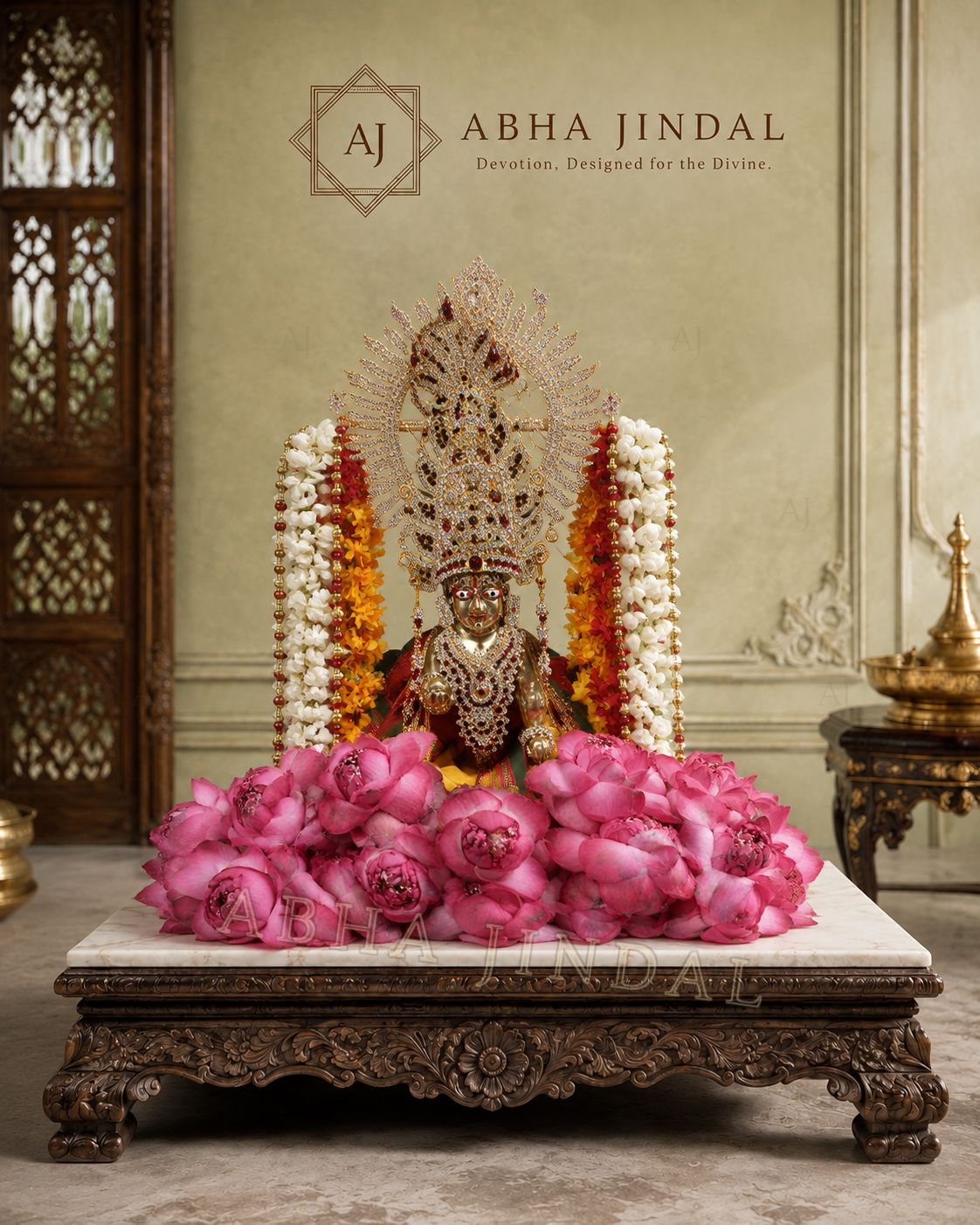 Laddu Gopal Jhulan Yatra Poshak and Shringar in a pink and white floral swing