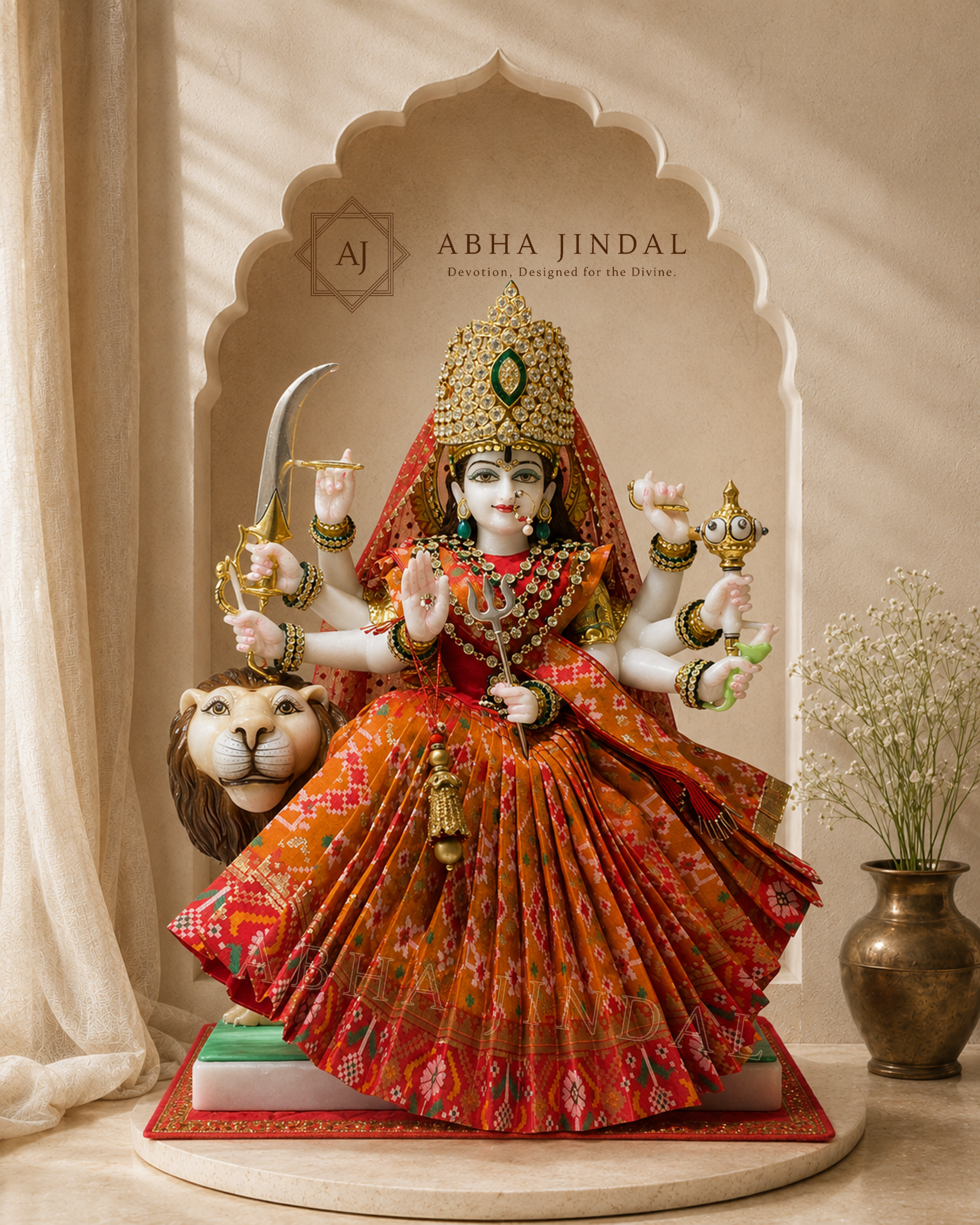 Mata Rani in orange and red attire with a lion figure, tall crown and broad pleated skirt