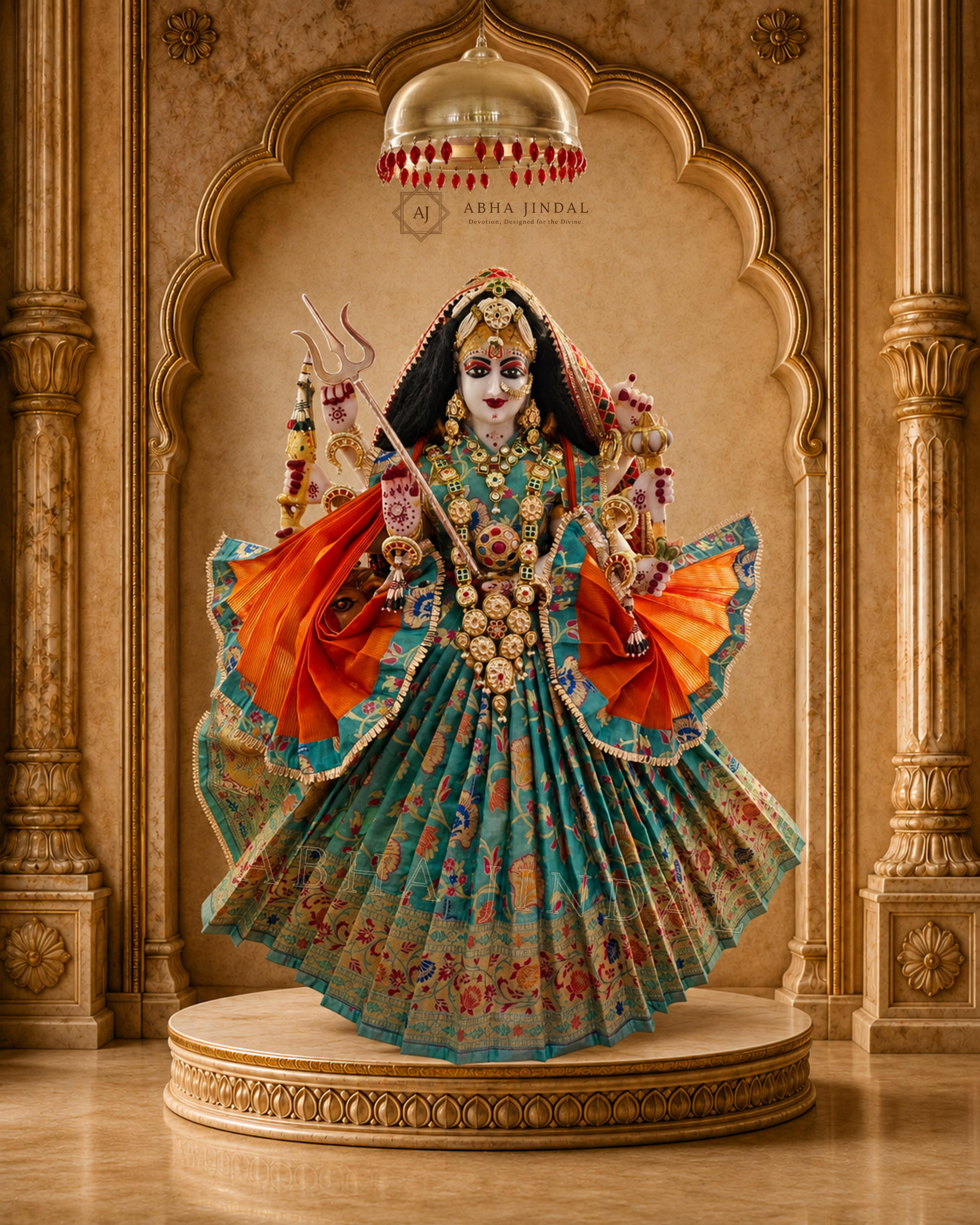 Front-facing Mata Rani complete shringar in turquoise and orange with a tall crown and trishul