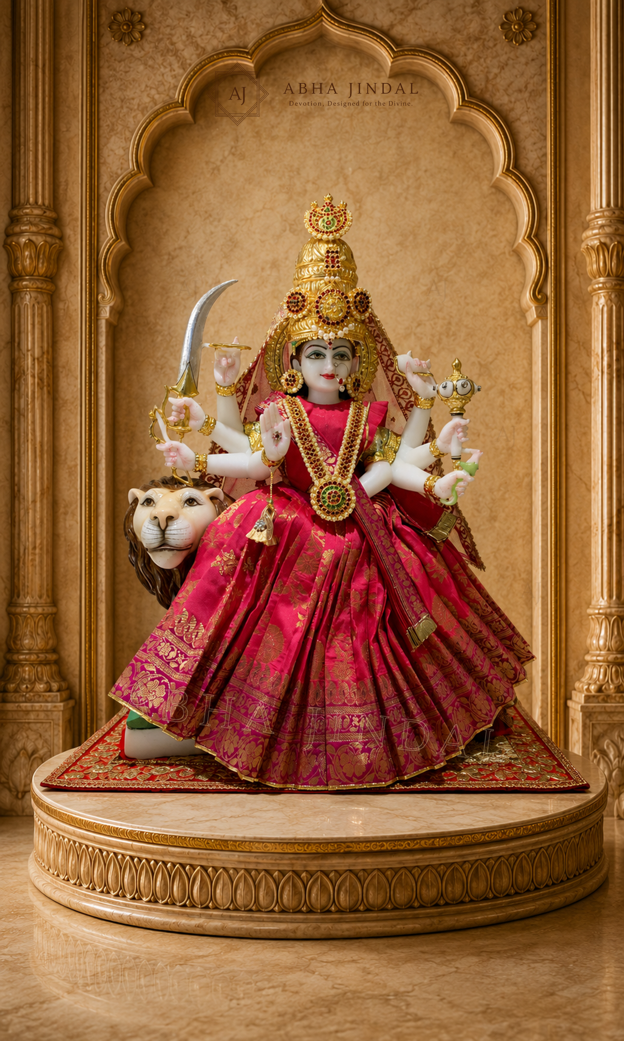 Mata Rani complete shringar in pink with a lion figure, high crown and layered skirt