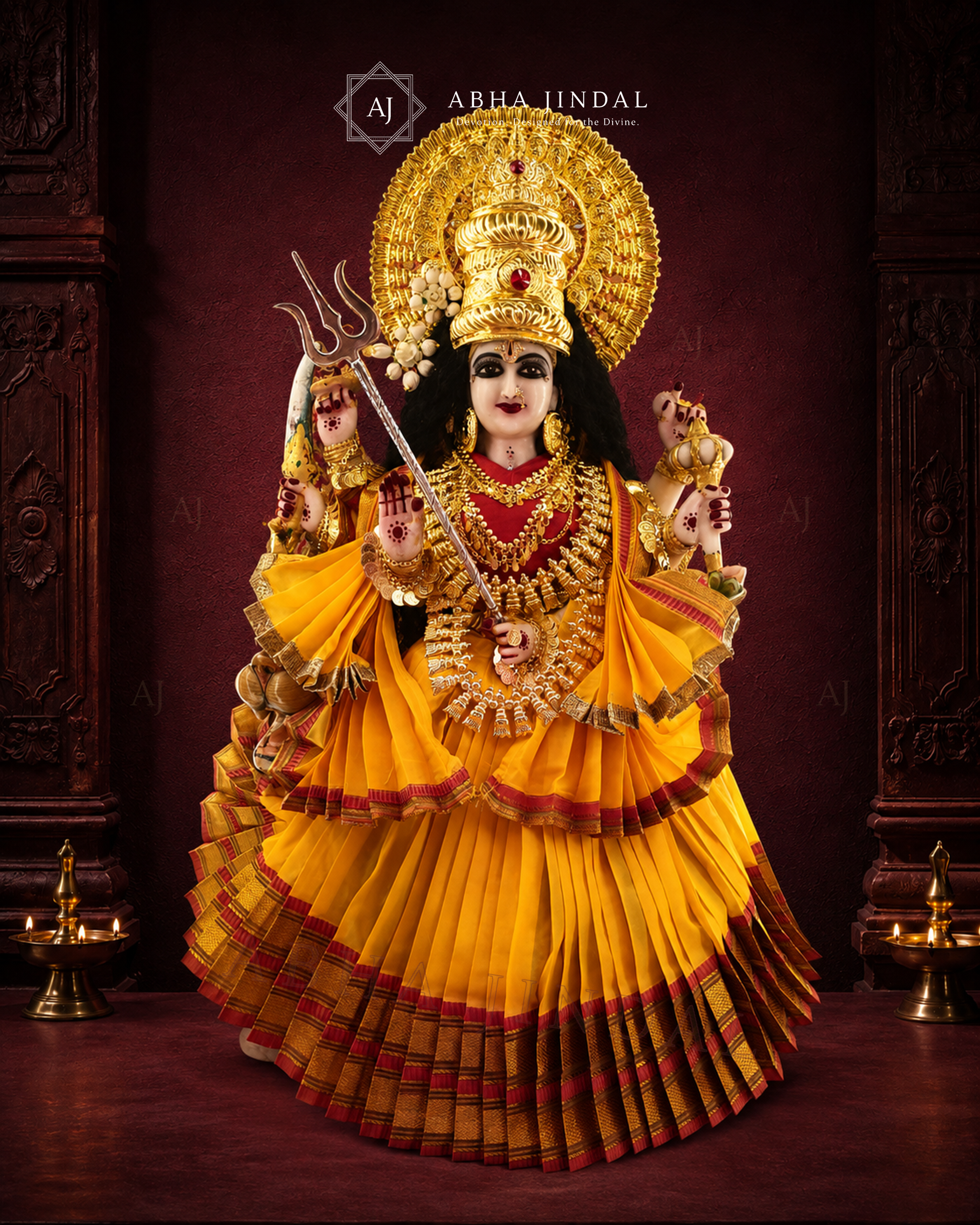 Mata Rani in yellow, orange and red attire with a broad pleated skirt, tall crown and trishul