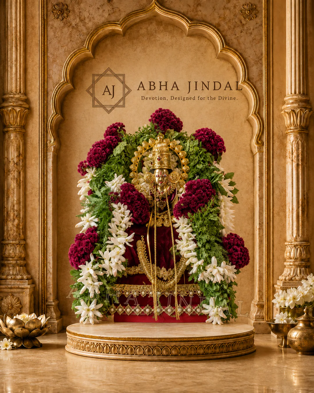 Front view of Tirupati Balaji framed by maroon and white floral garlands