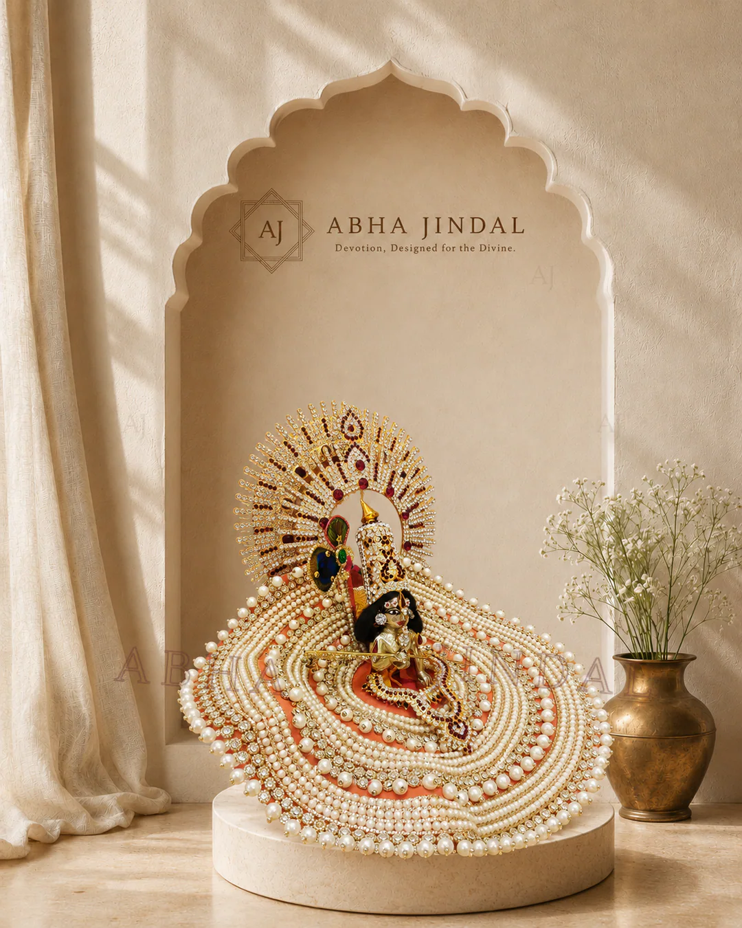 Front view of Laddu Gopal within a pearl-white circular fan with red accents