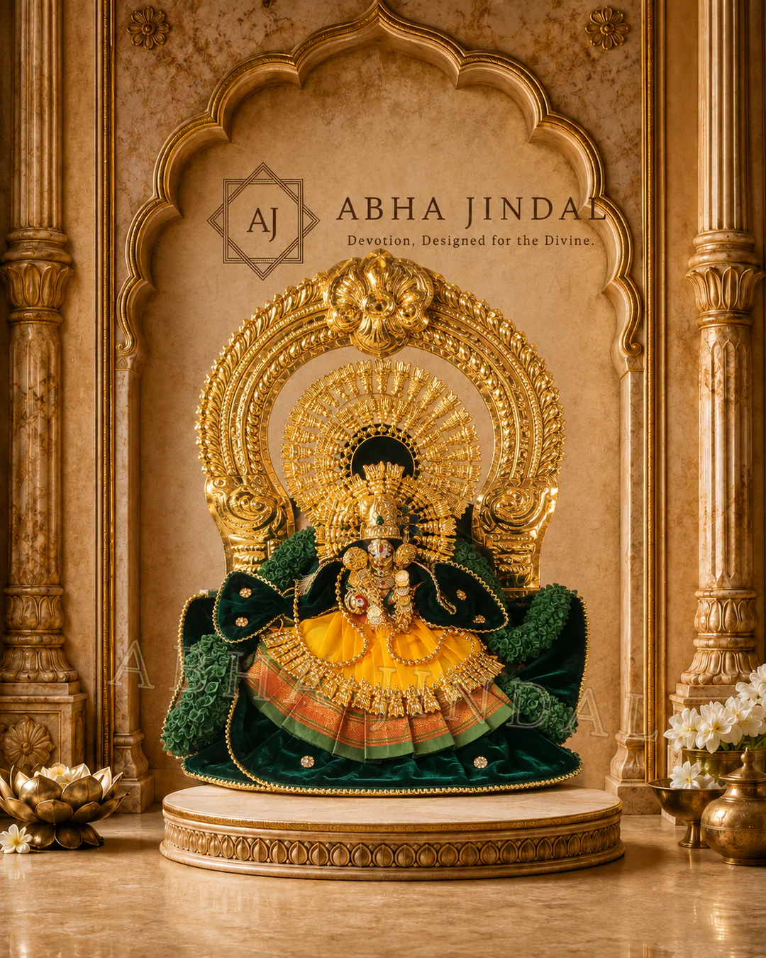 Front view of Laddu Gopal in emerald draping and golden-yellow pleats beneath a radiating headpiece
