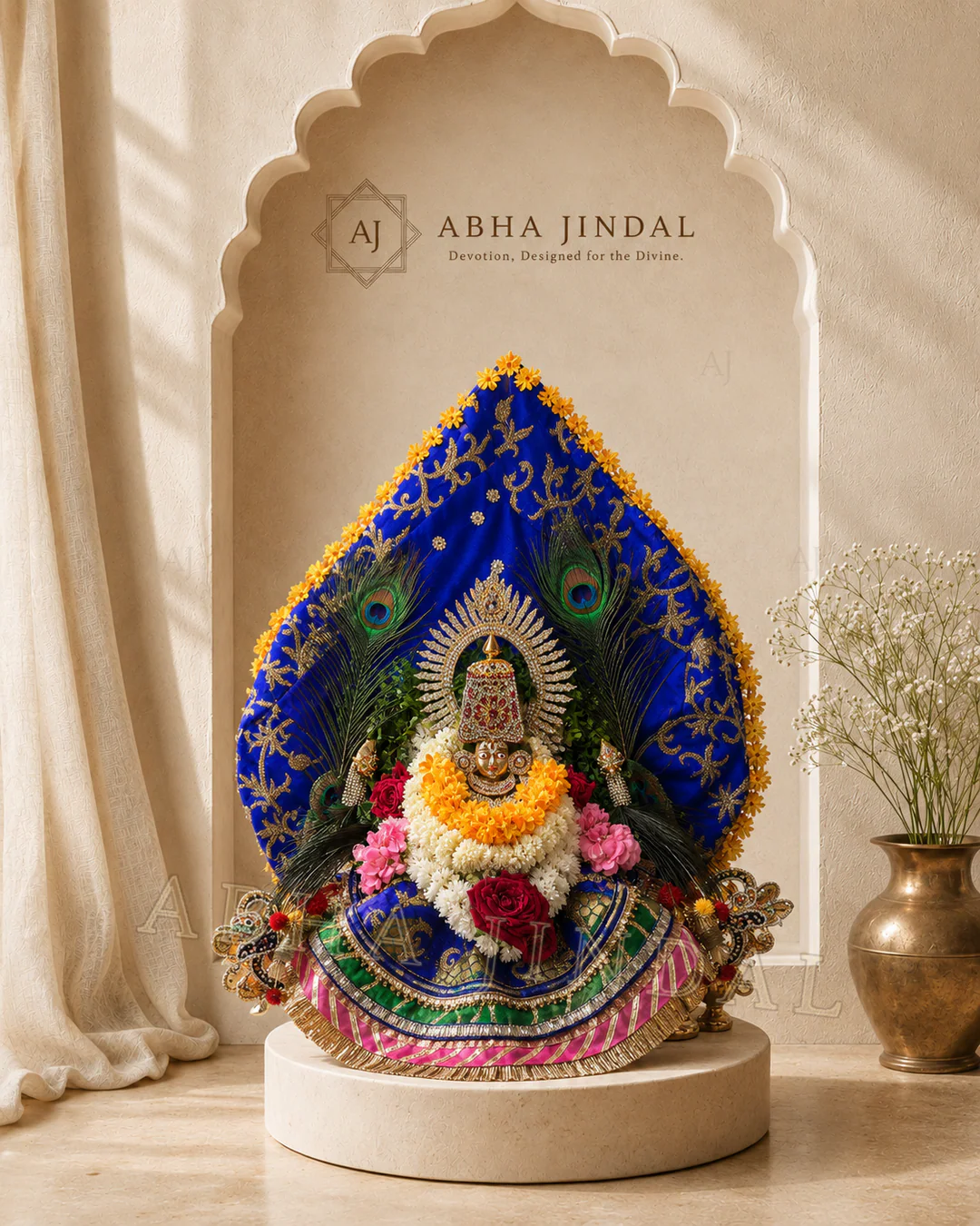 Front view of Laddu Gopal beneath royal-blue mayur-inspired framing with pink and green accents