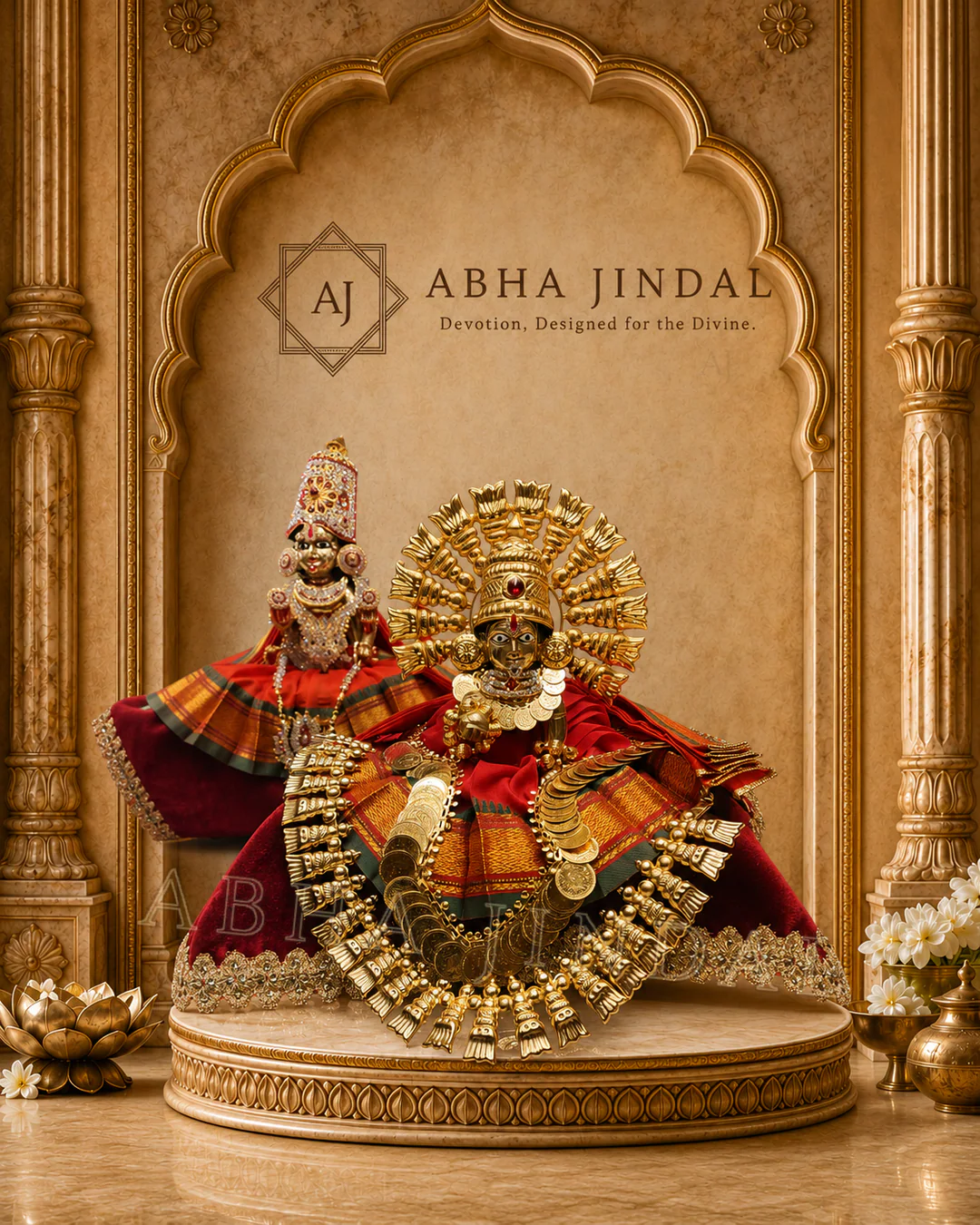 Front view of Shyam Baba in red and maroon draping with gold-tone fan-shaped ornaments