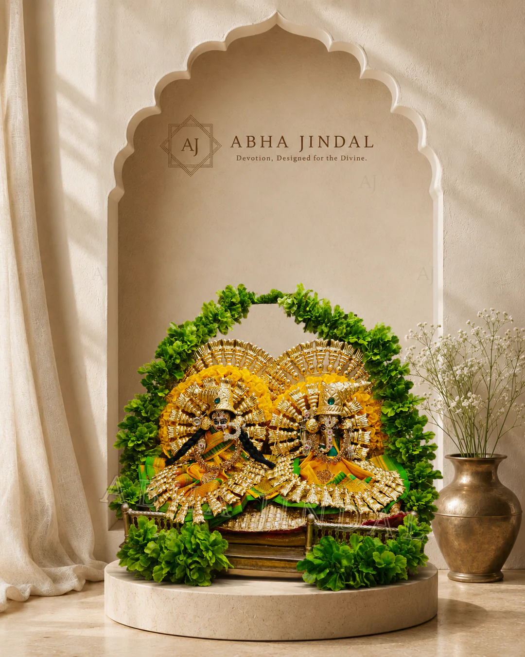 Front view of Ganesh Ji and Lakshmi Ji in yellow attire beneath a green floral arch and gold-tone fans