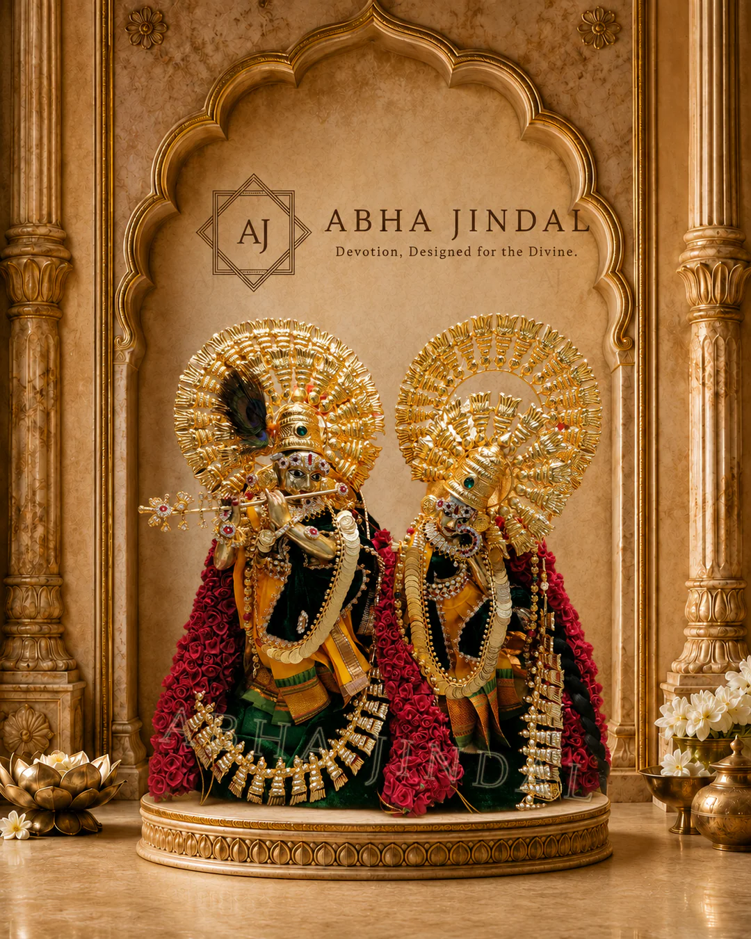 Front view of Radha Krishna in emerald attire with gold-tone halos and crimson floral framing