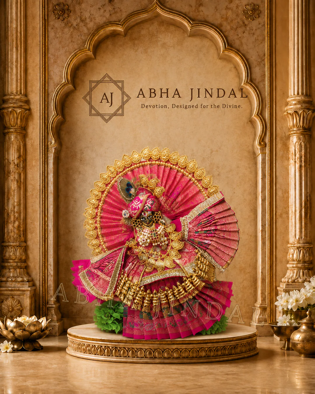 Shyam Baba in vivid pink and magenta fan-style poshak with circular head adornment