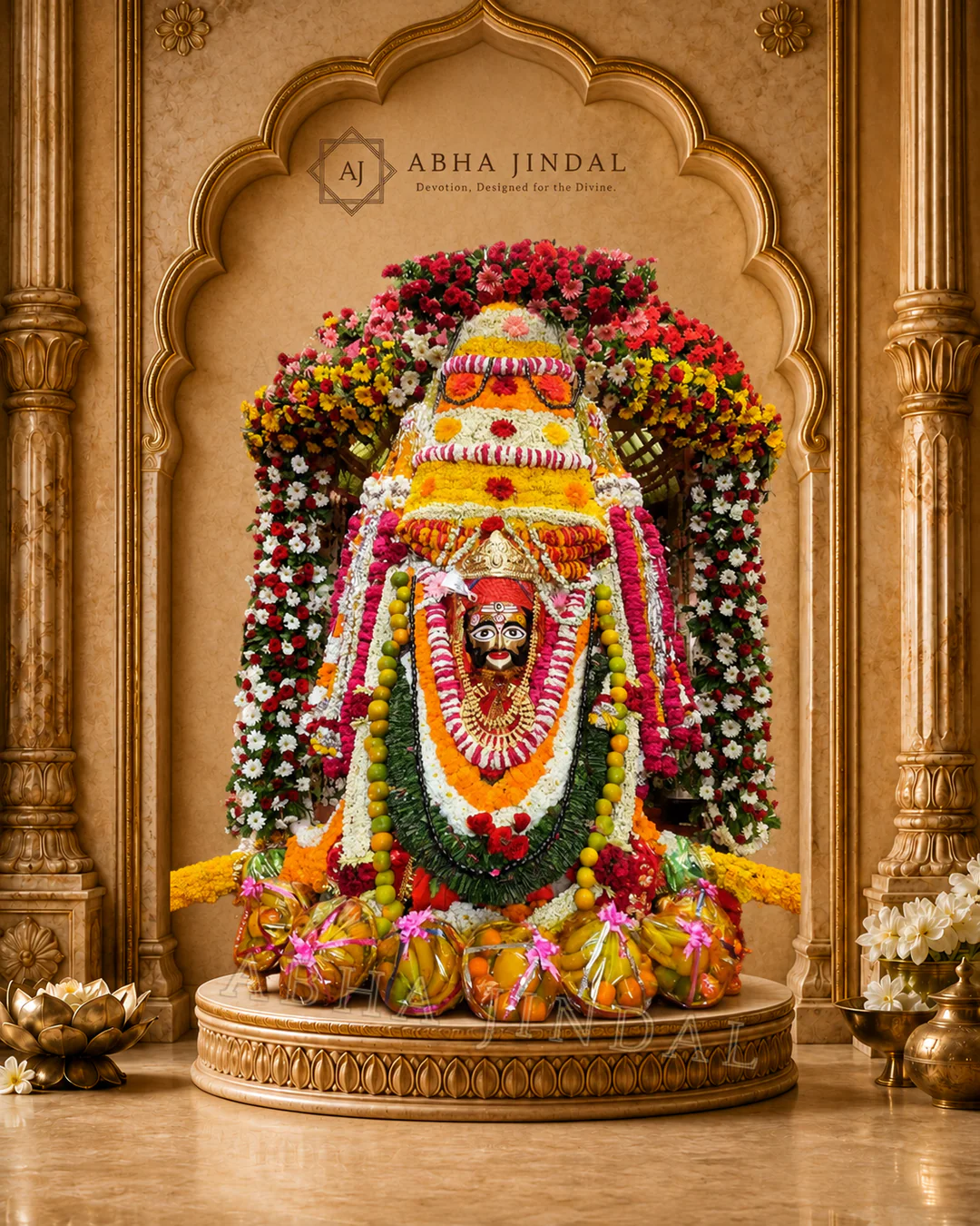 Shyam Baba framed by a tall arch of white, yellow and red flowers with green foliage