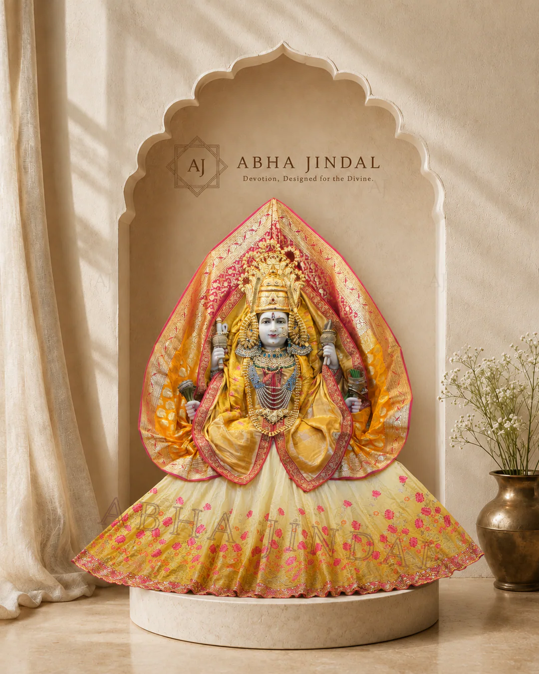 Mata Rani in yellow and blush-pink floral shringar with a petal-shaped frame and crown