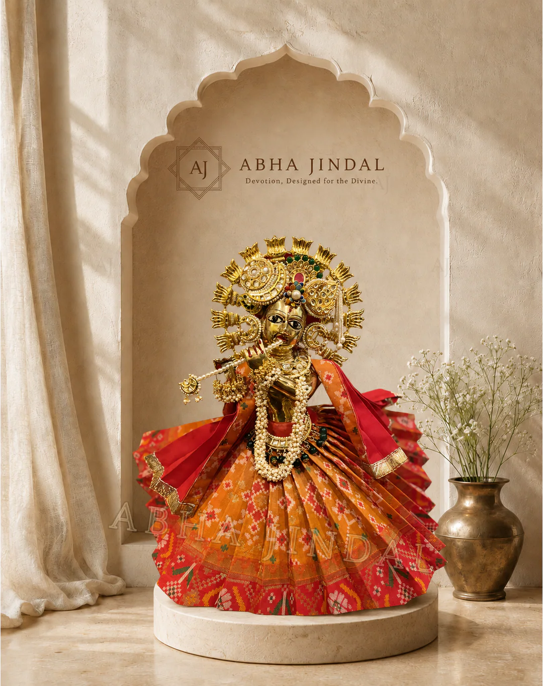 Krishna Ji in saffron and red flared pleats with a bansuri, circular crown and gold-tone accents