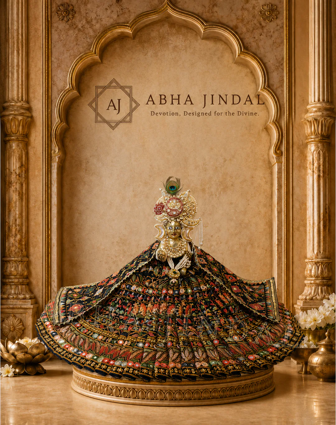Shyam Baba view of midnight navy and rust floral poshak with a wide flared spread and crown