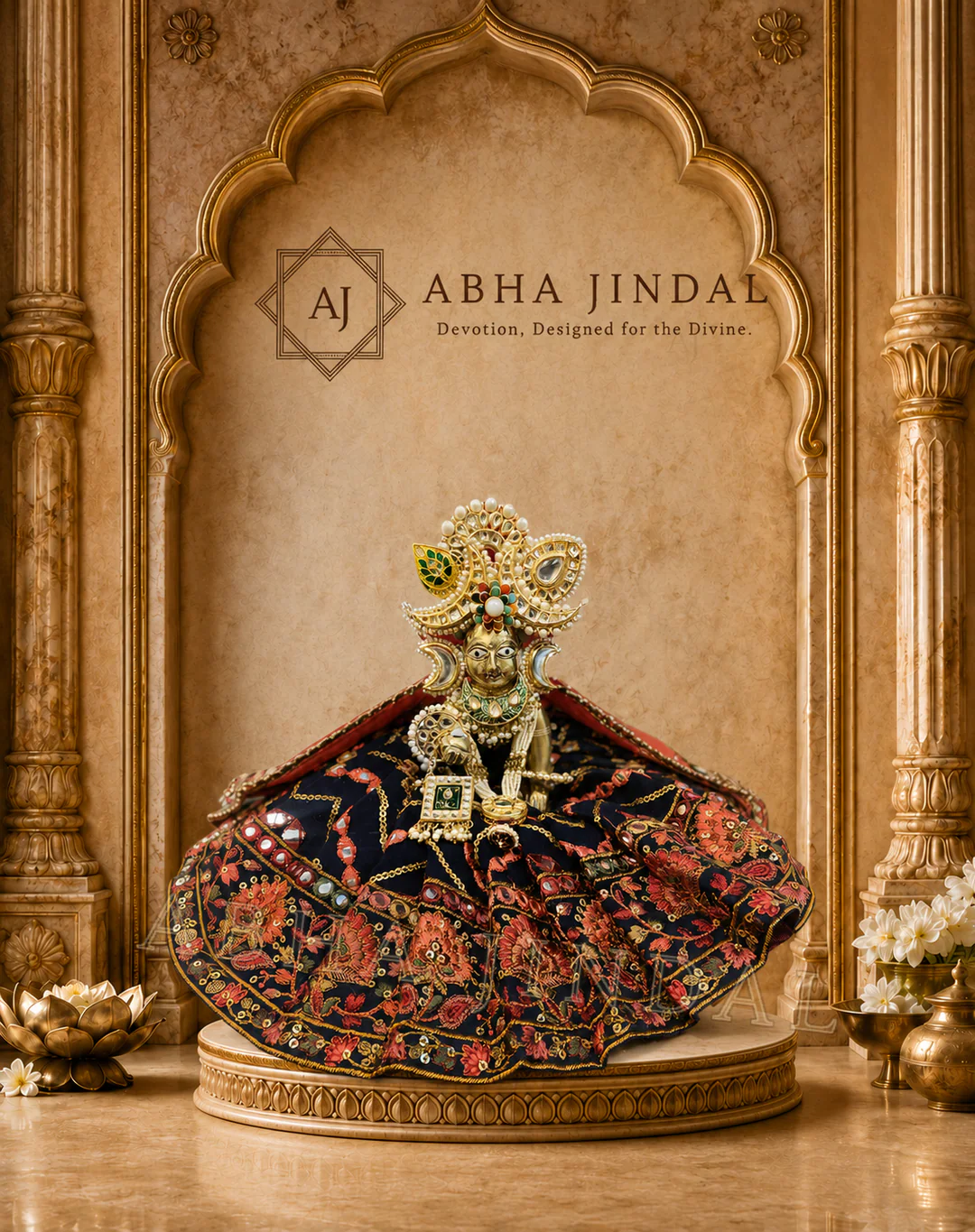 Laddu Gopal alternate view in midnight navy floral poshak with rust motifs and upright head adornment
