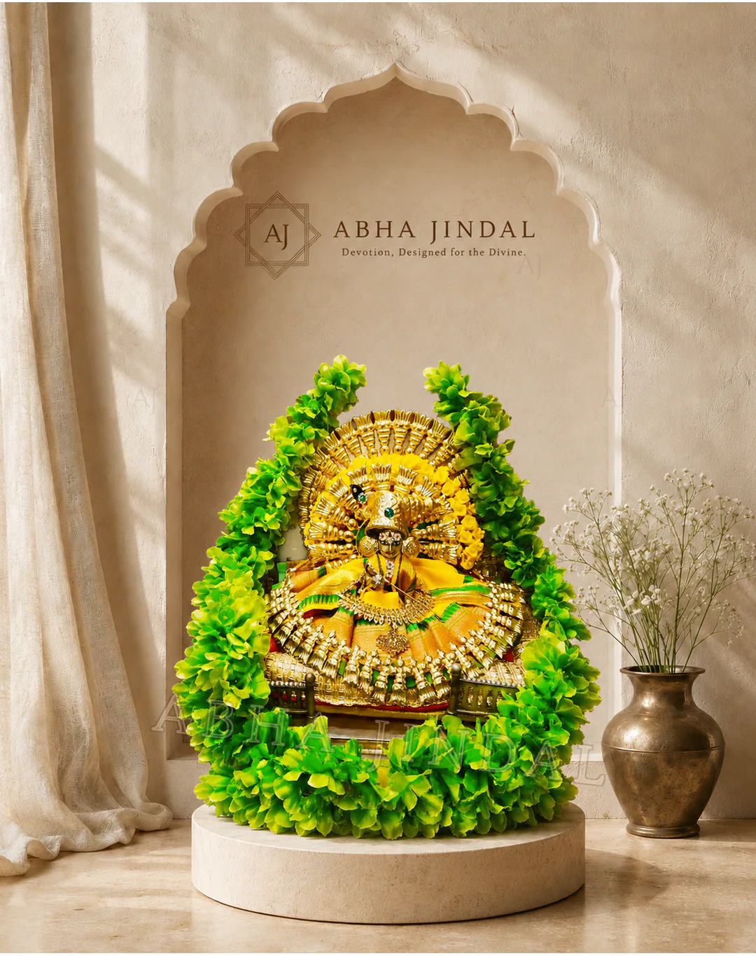 Laddu Gopal framed by yellow, green and white flowers with a radiating gold-tone headpiece