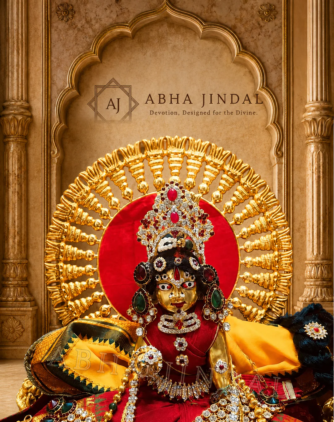 Laddu Gopal complete shringar with a red circular halo, black centre and yellow gold-tone accents