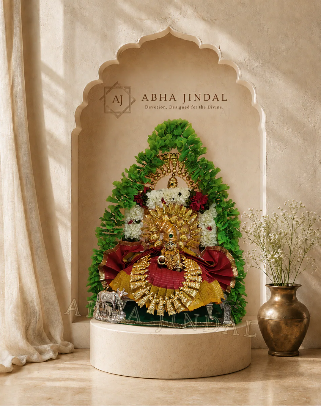 Laddu Gopal framed by red and white flowers, green foliage and a radiating gold-tone headpiece