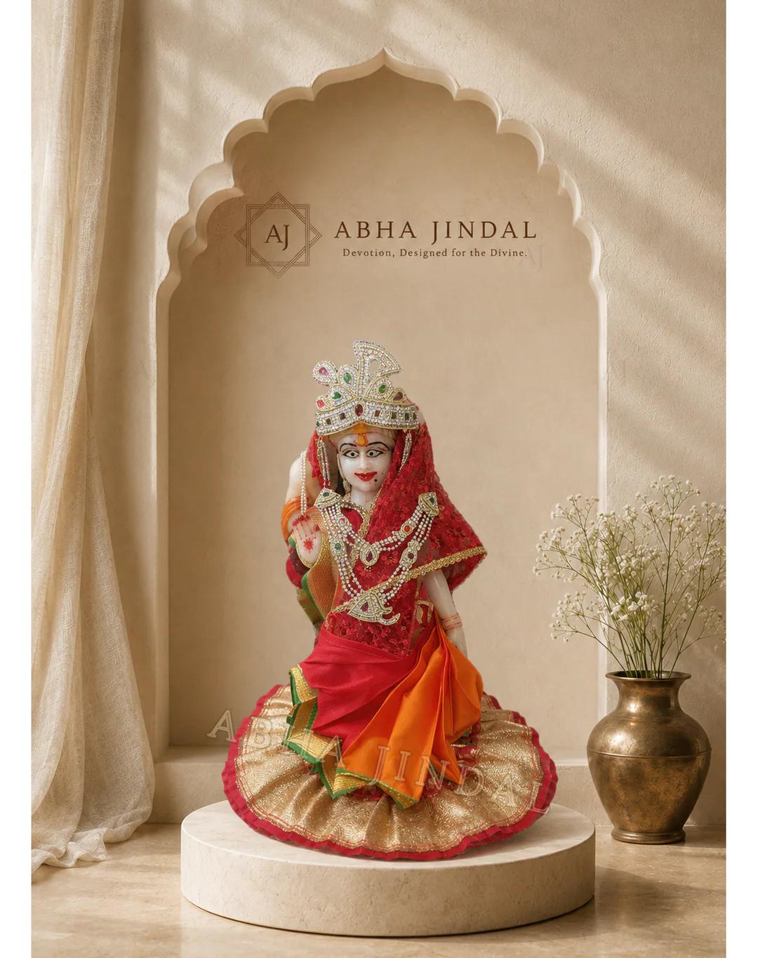 Radha Ji in red and orange shringar with gold accents, shown from the alternate gallery angle