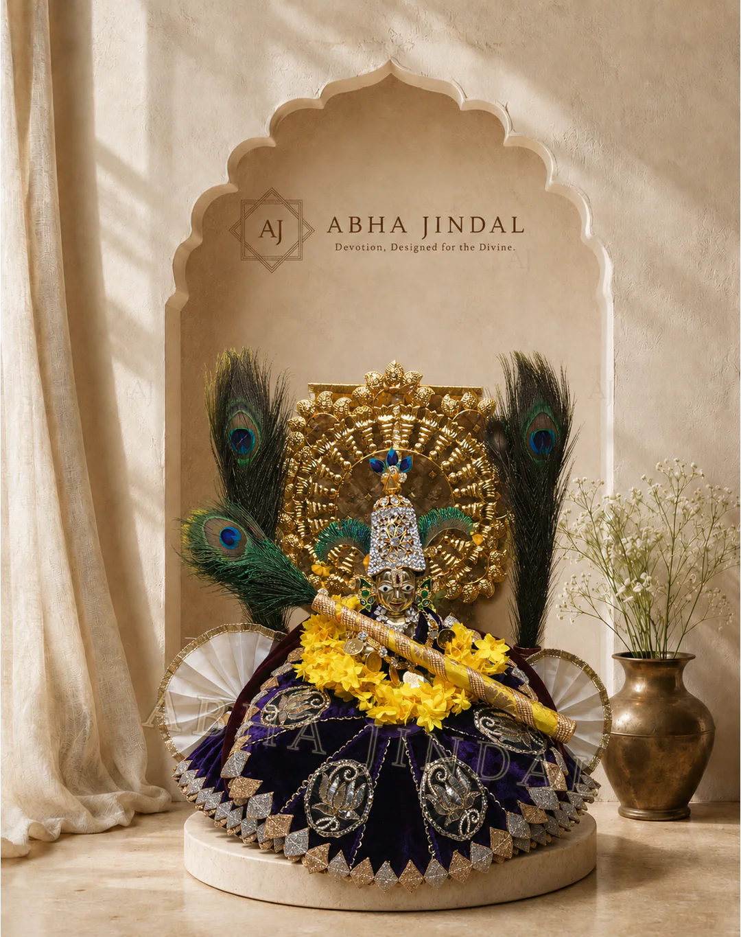 Shyam Baba in purple and gold shringar with peacock feathers, a flute and a fan-shaped frame