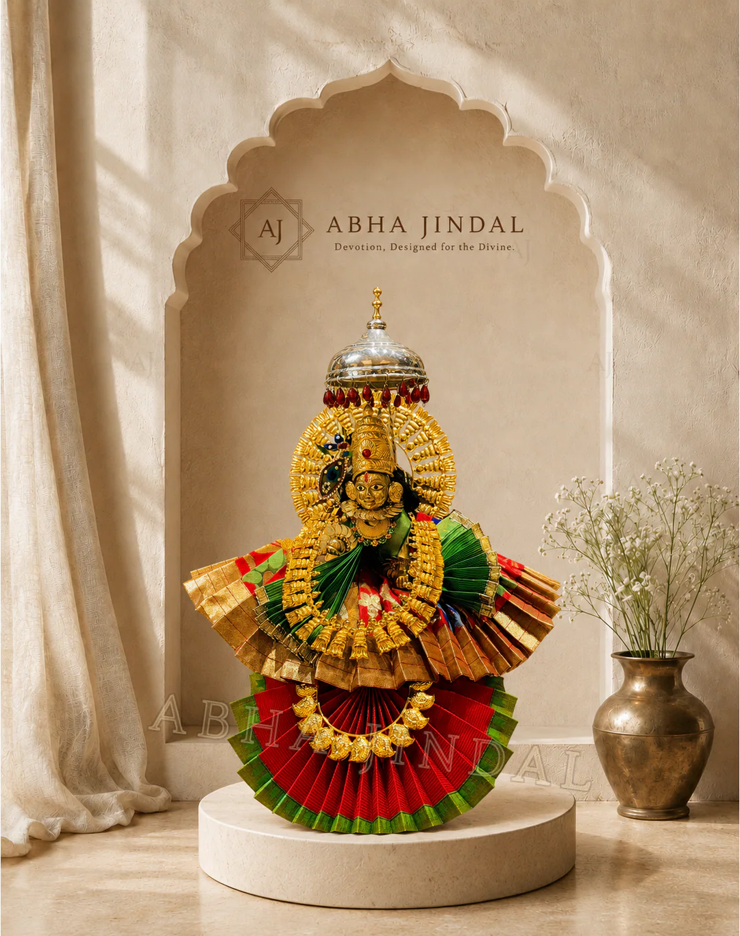 Shyam Baba in tiered red and green fan-style shringar with antique-gold accents and a circular crown