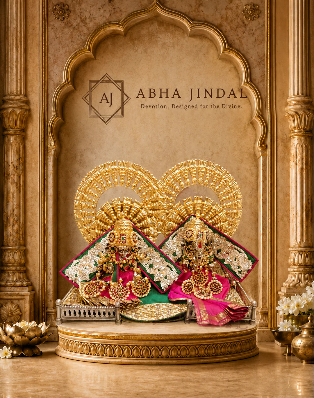 Ganesh Ji and Lakshmi Ji in ivory and pink complete shringar on an ornate gold-tone throne
