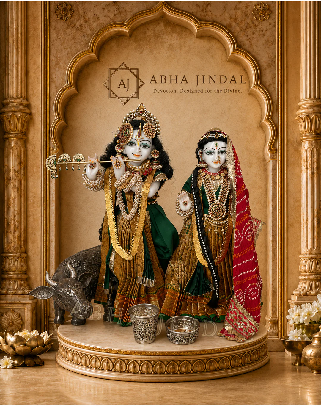 Radha Krishna in deep green and crimson complete shringar with a sacred cow in a golden ceremonial niche