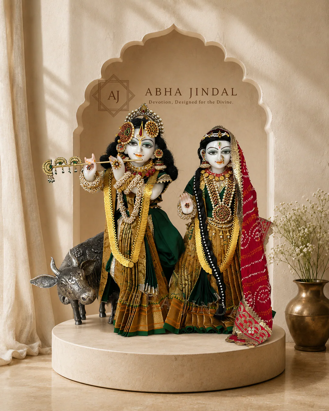 Radha Krishna standing in deep green and crimson complete shringar with a sacred cow in an ivory-toned alcove