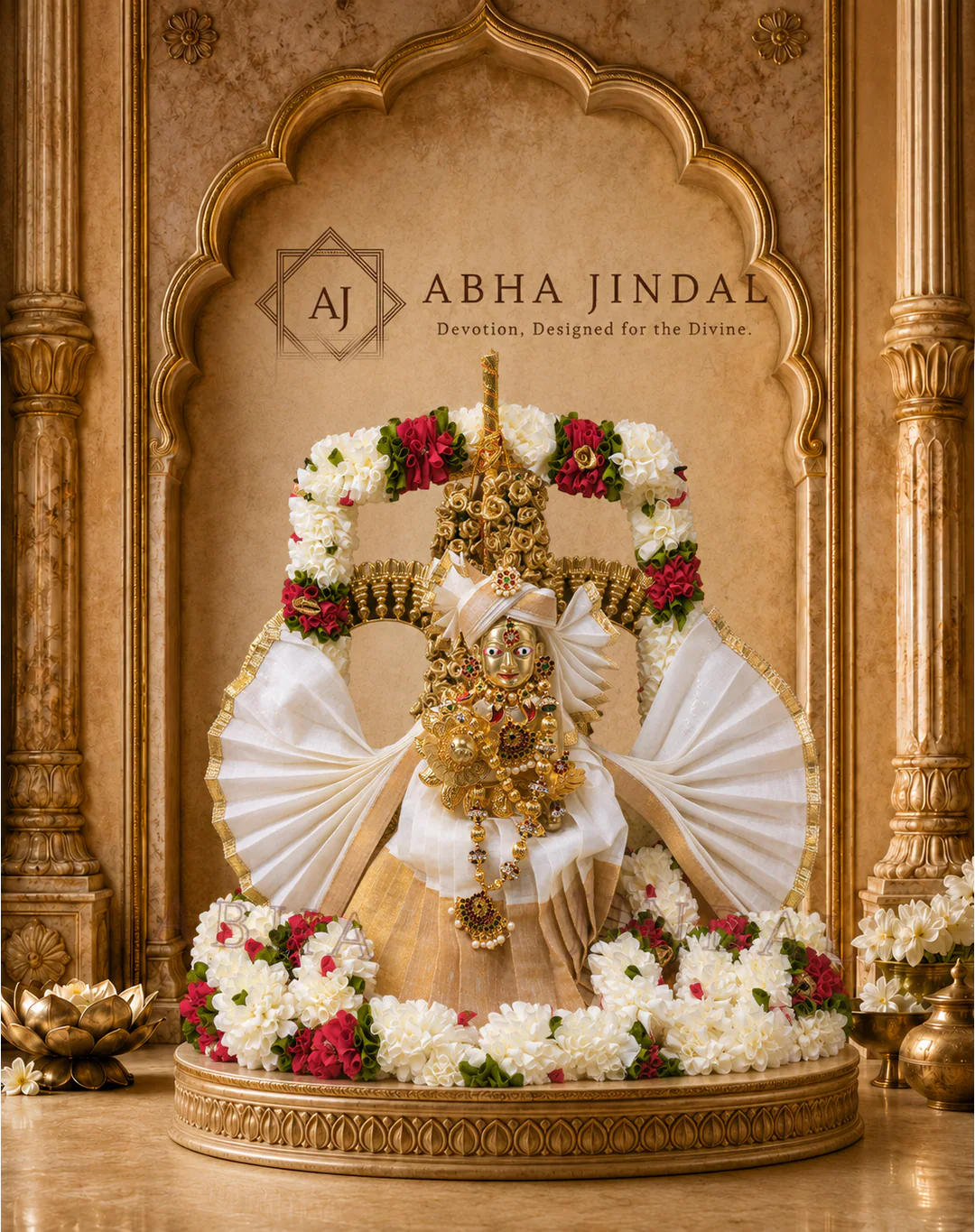 Laddu Gopal in white-and-gold shringar framed by a radiating fan and clusters of white flowers