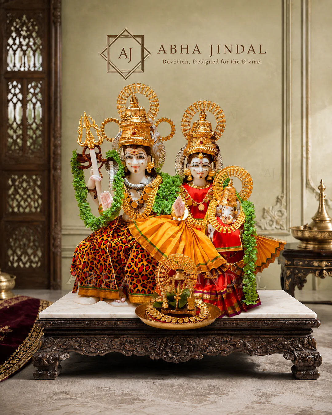 Shiv Ji and Parvati Ji Complete Shringar in orange, red and green on a raised platform