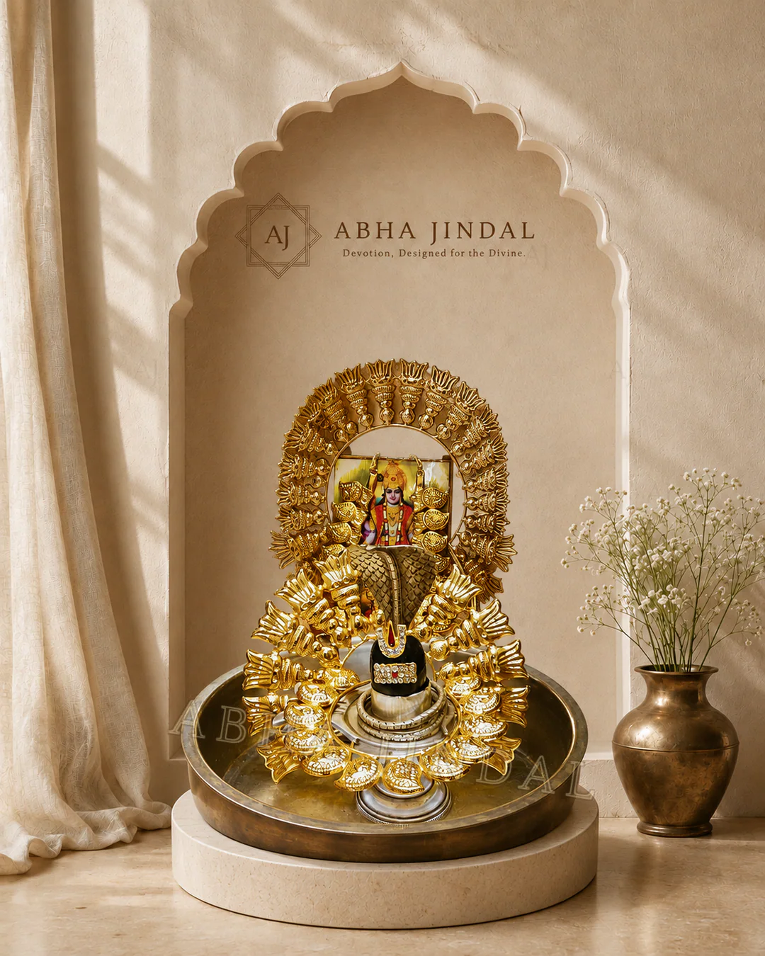 Shiv Ji Complete Shringar with dark Shivling and radiating antique-gold-tone frame