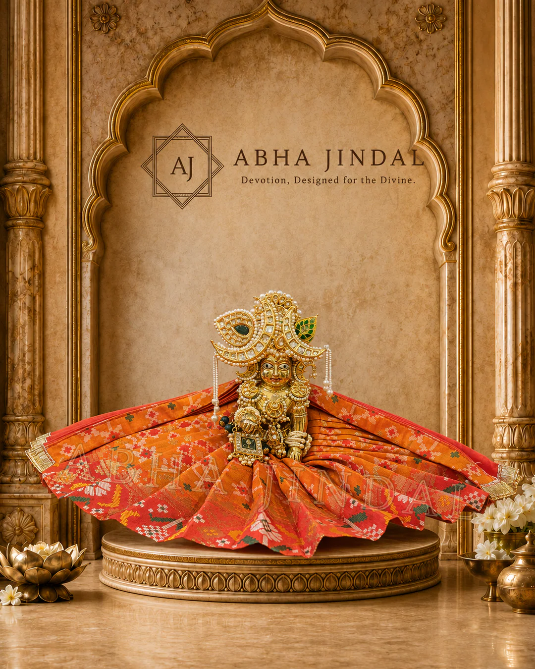 Laddu Gopal Poshak and Shringar with a wide orange skirt and red edging