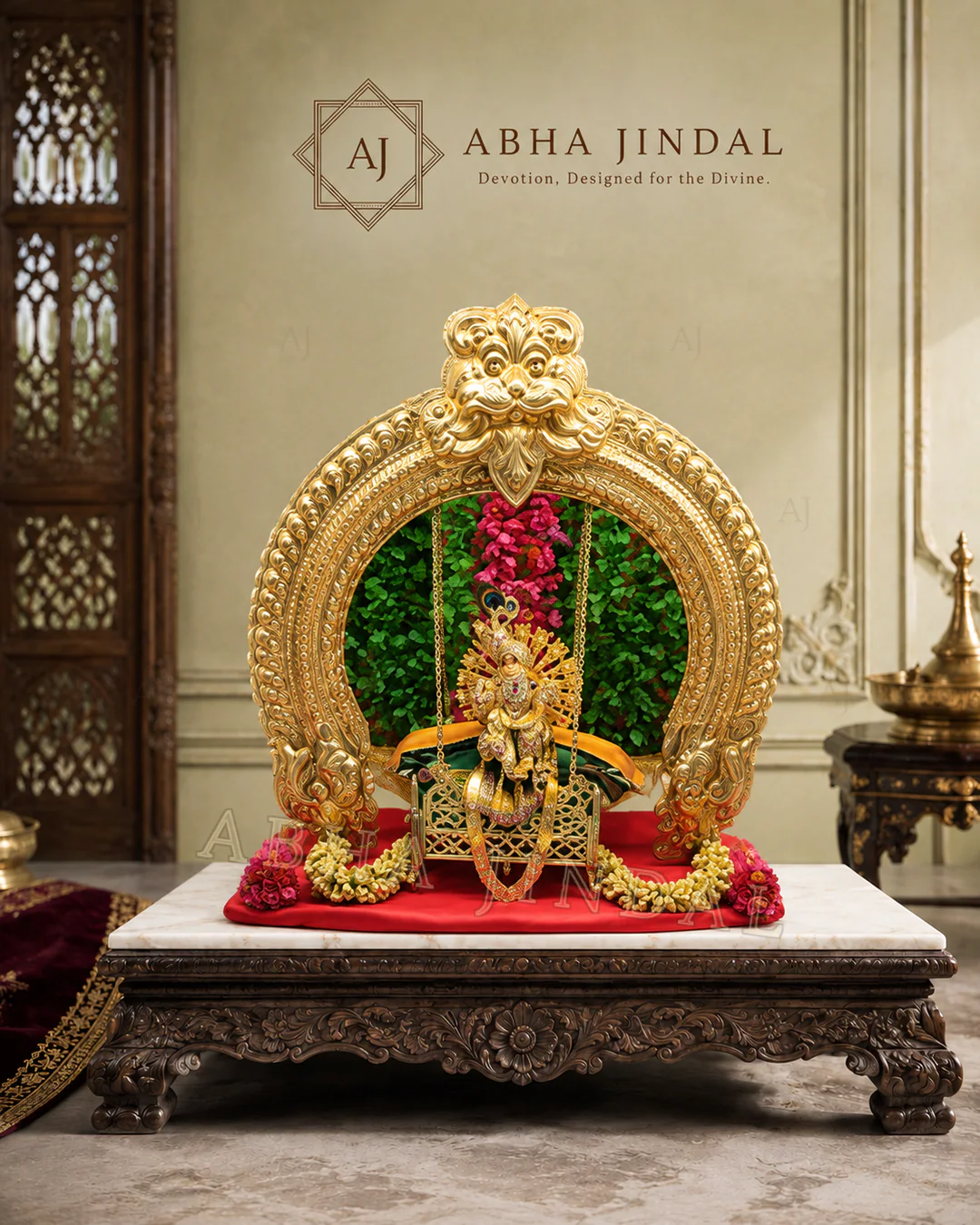 Laddu Gopal Complete Shringar beneath a lotus arch with red flowers and green backdrop