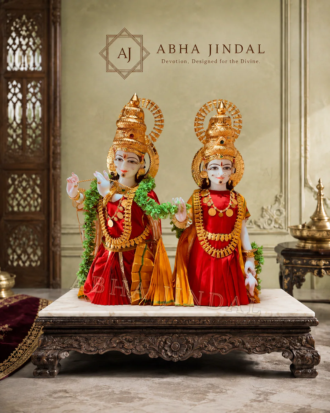Radha Krishna Poshak and Shringar in coordinated red and orange with matching crowns