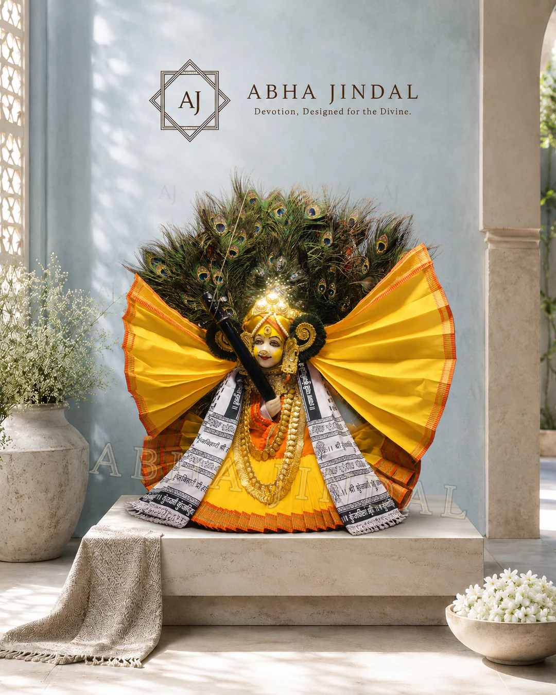 Krishna Ji Poshak and Shringar with yellow fan panels and peacock-feather arch
