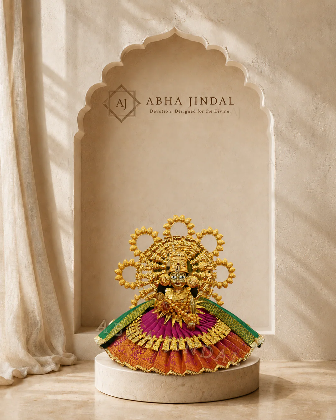 Laddu Gopal Poshak and Shringar in purple and green with circular gold-tone ornaments