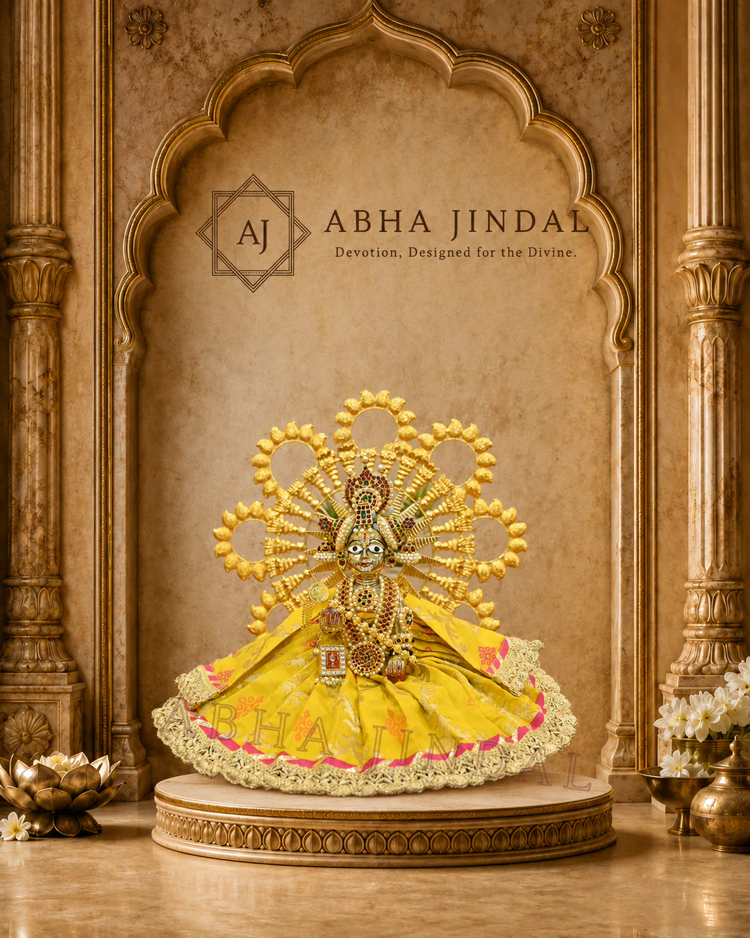 Laddu Gopal Poshak and Shringar with a golden-yellow pleated fan and pink edging