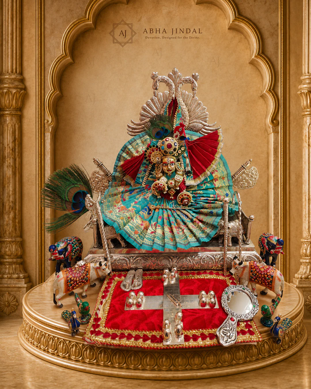 Shyam Baba Complete Shringar in turquoise and orange with red and peacock accents