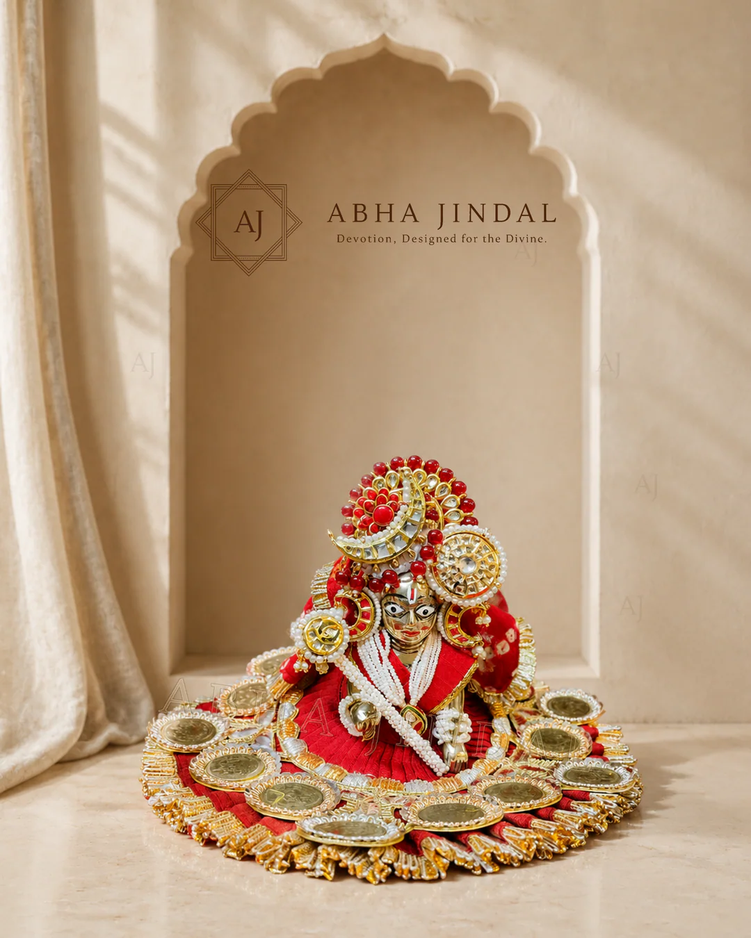 Laddu Gopal Rajbhog Shringar in red and white with vessels arranged on both sides