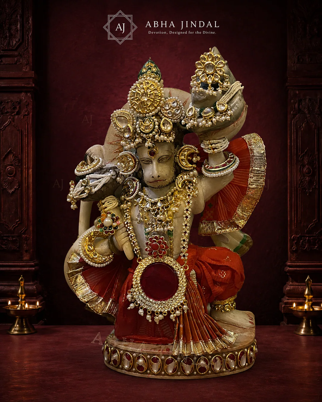 Hanuman Ji Complete Shringar with ornate gold-tone crown and deep red drape