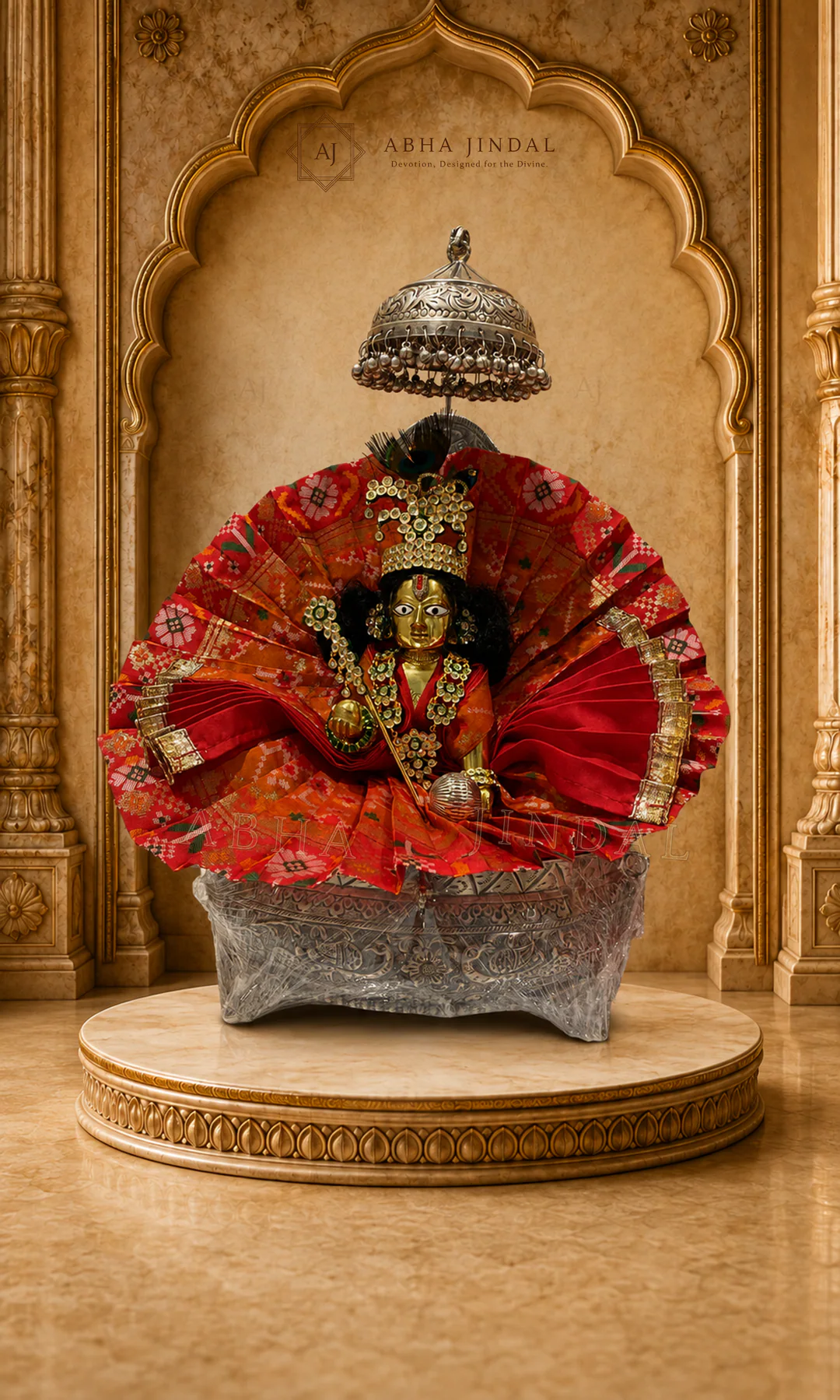 Laddu Gopal Poshak and Shringar with crimson fan and silver-tone chhatra