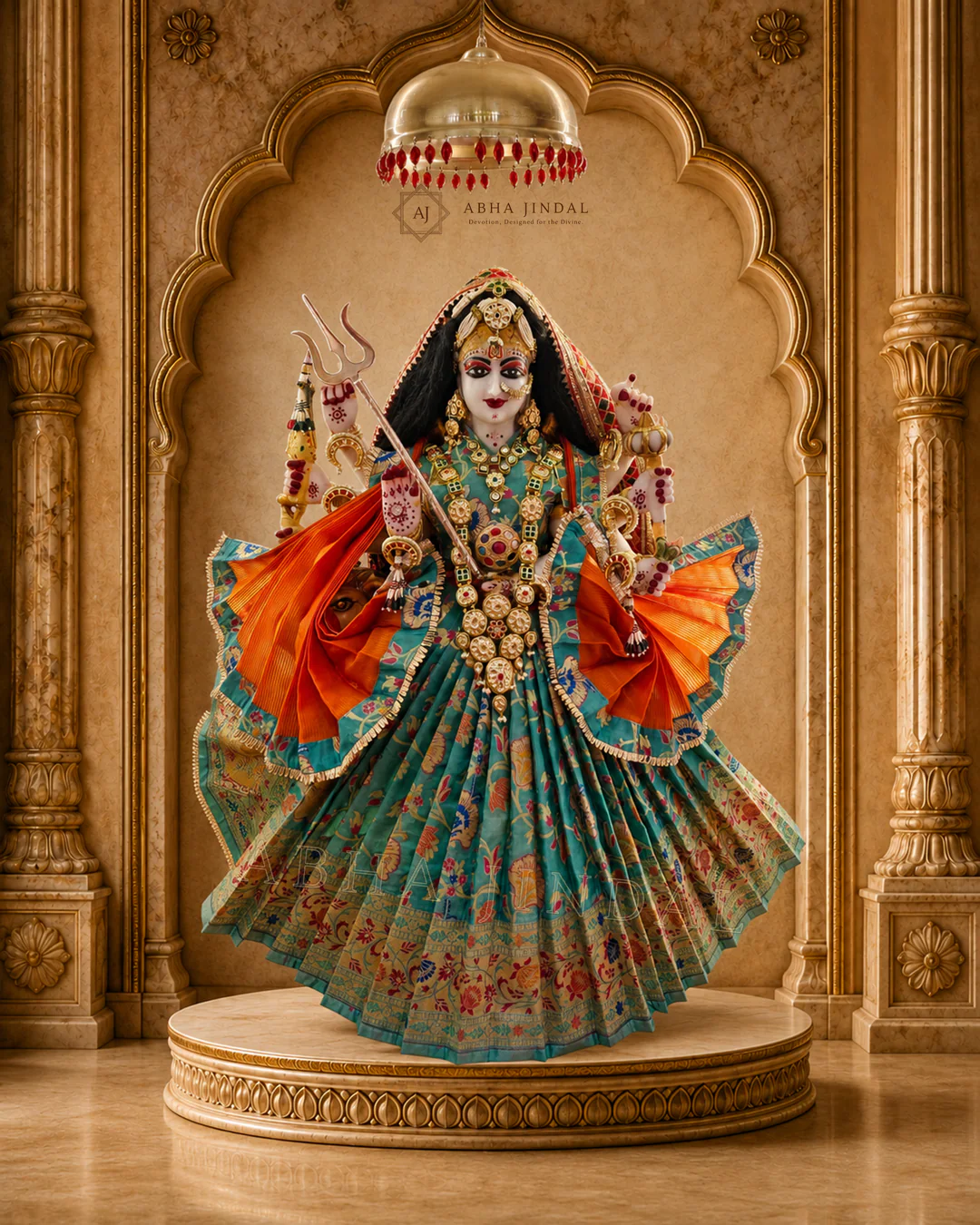 Front-facing Mata Rani complete shringar in turquoise and orange with a tall crown and trishul